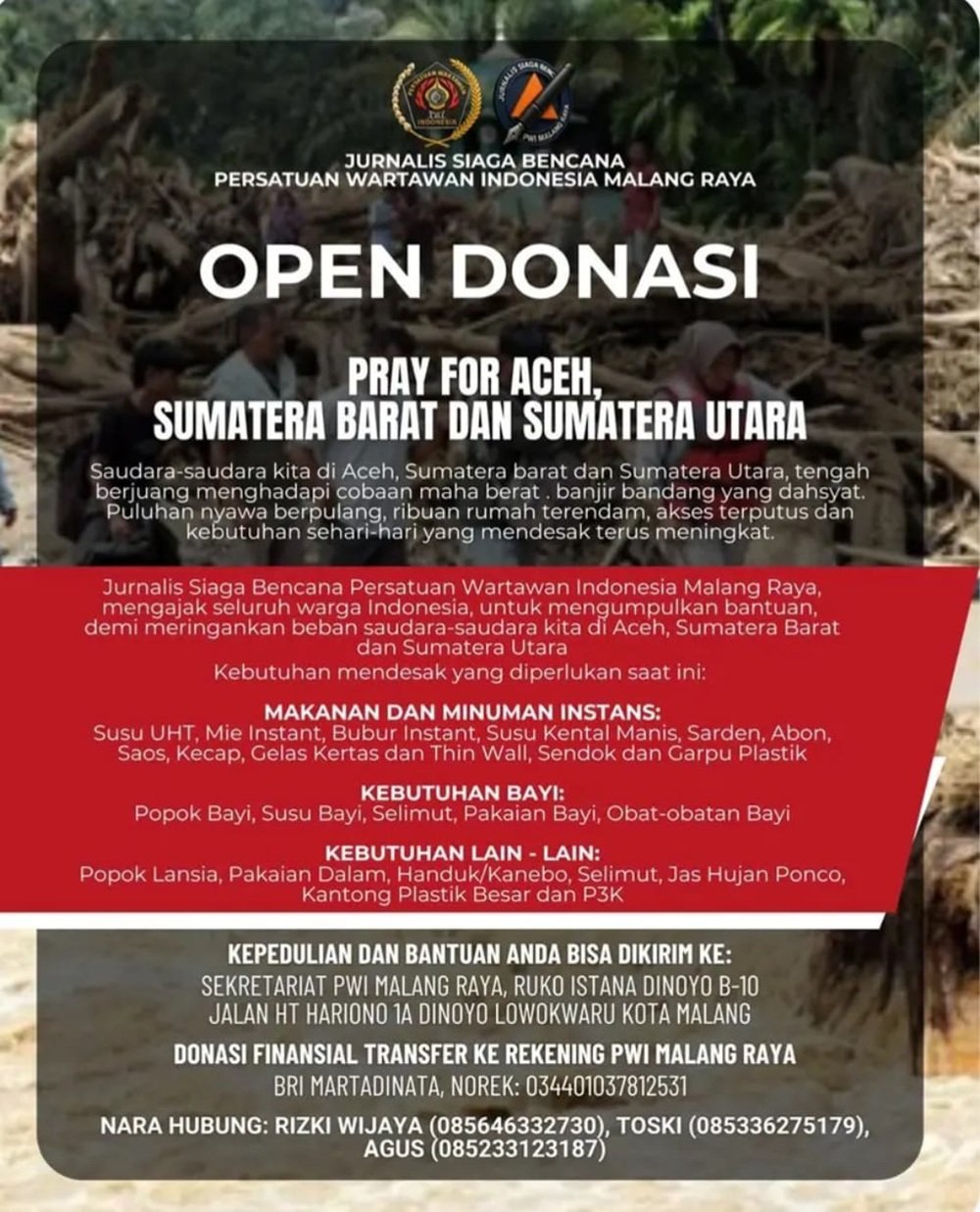 Jurnalis Siaga Bencana PWI Malang Raya Buka Donasi untuk Korban Bencana di Aceh, Sumbar dan Sumut