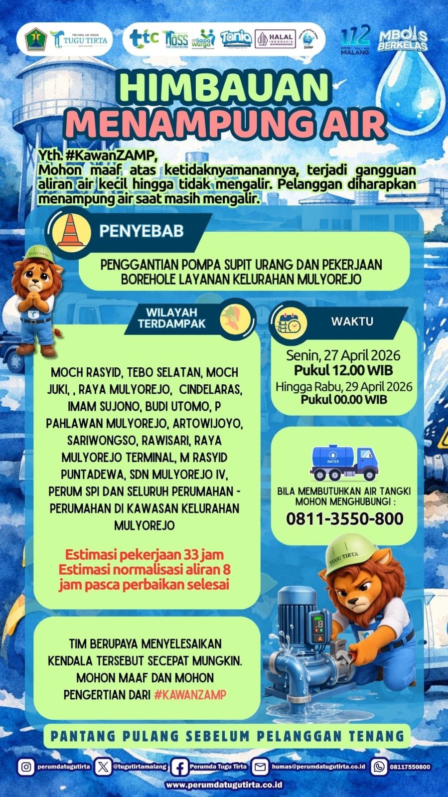 Gangguan Distribusi Air di Mulyorejo, Tugu Tirta Pastikan Pasokan Air Tangki Tetap Layak Minum