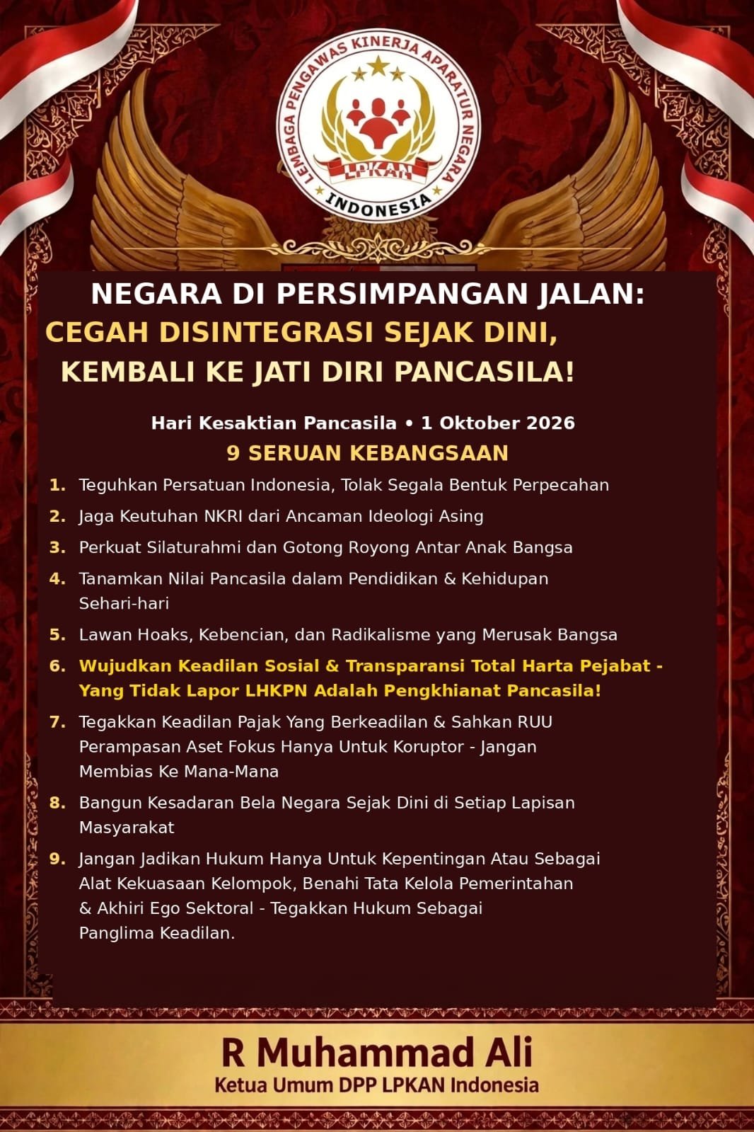 Hari Kesaktian Pancasila 2026, LPKAN Serukan Persatuan dan Perbaikan Tata Kelola Negara