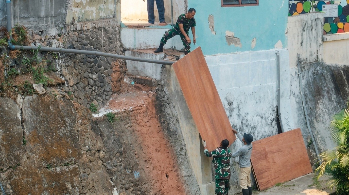 Angkut Material Manual, Koramil Klojen Kebut Pondasi Jembatan Perintis Garuda